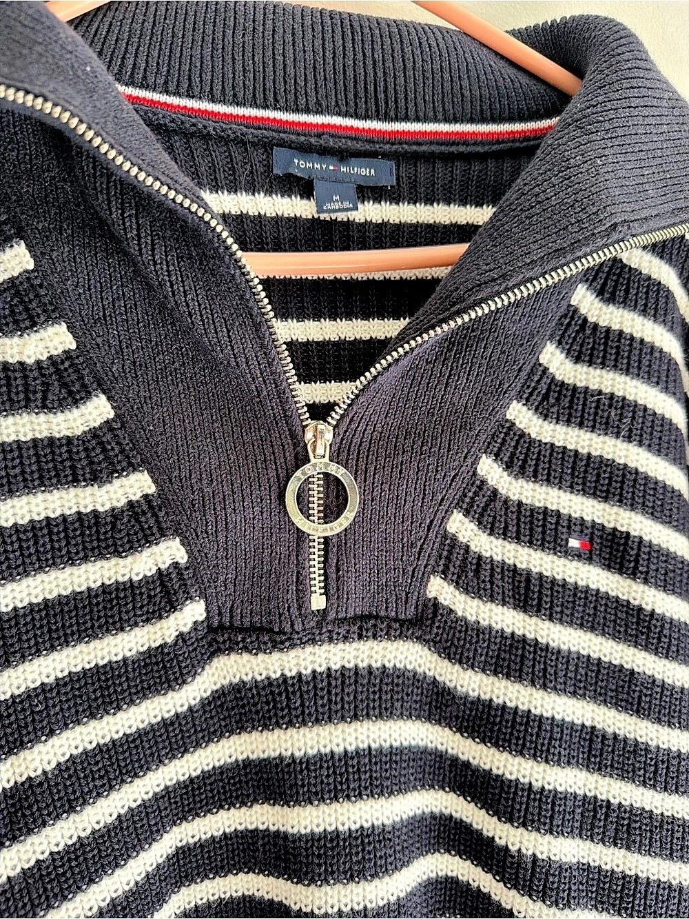 Tommy Hilfiger Striped Half-Zip Sweater in Black & White Size Medium